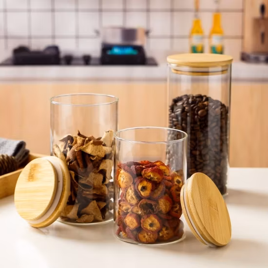 Food Storage Canister Airtight Round Bamboo Lid Glass Jar