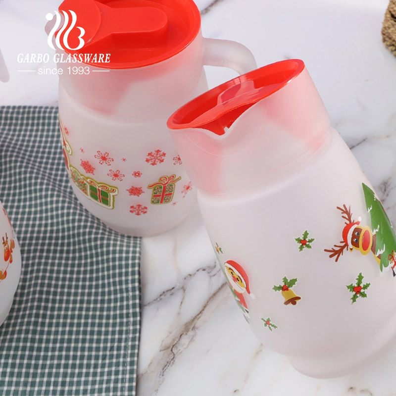1.3 Liters Frosted Glass Water Jug Drinking Glass Juice Pitcher with Christmas Design and Lid