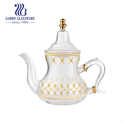 Tetera de vidrio para té turco, árabe, marroquí, logotipo de impresión personalizada de borosilicato, tetera de café de vidrio con borde dorado